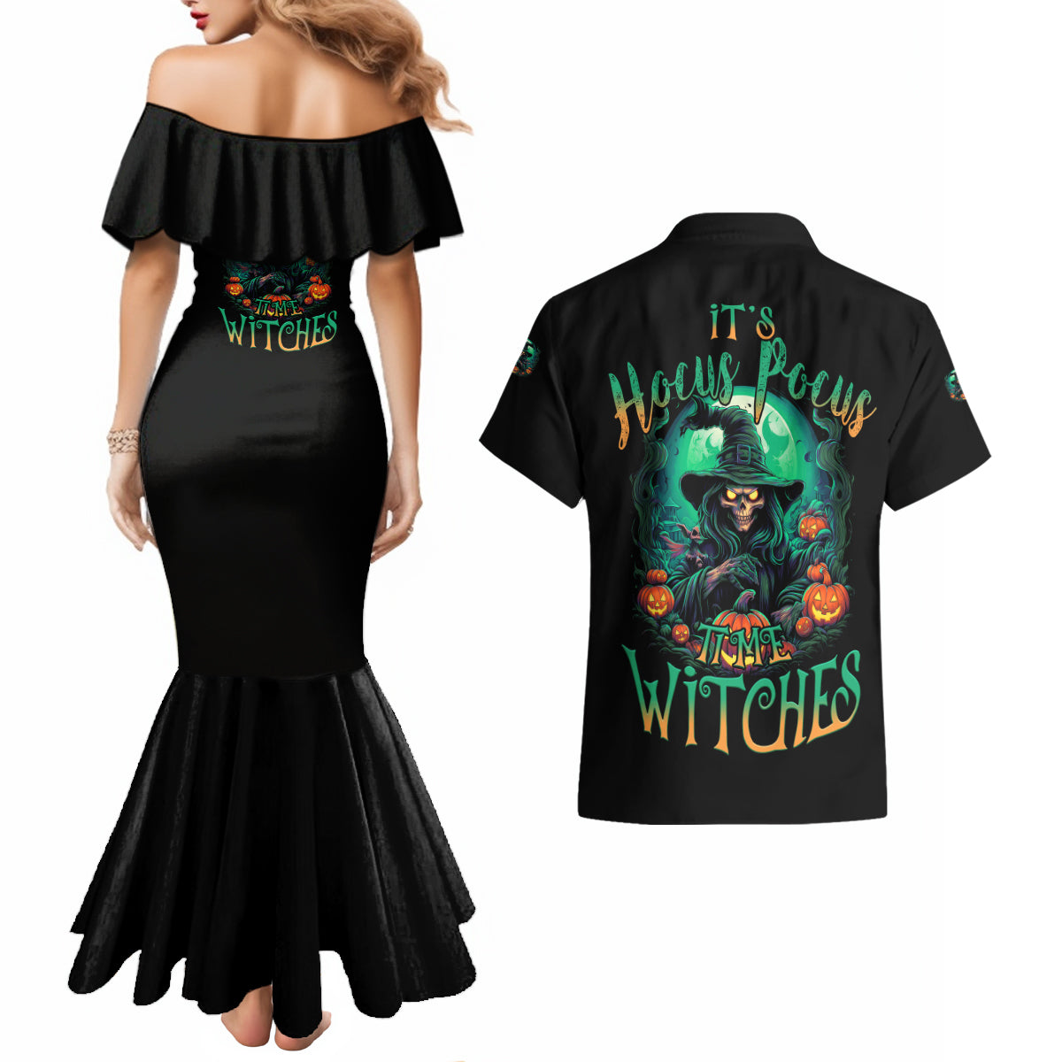 Hocus Pocus Halloween Couples Matching Mermaid Dress and Hawaiian Shirt - Wonder Print Shop