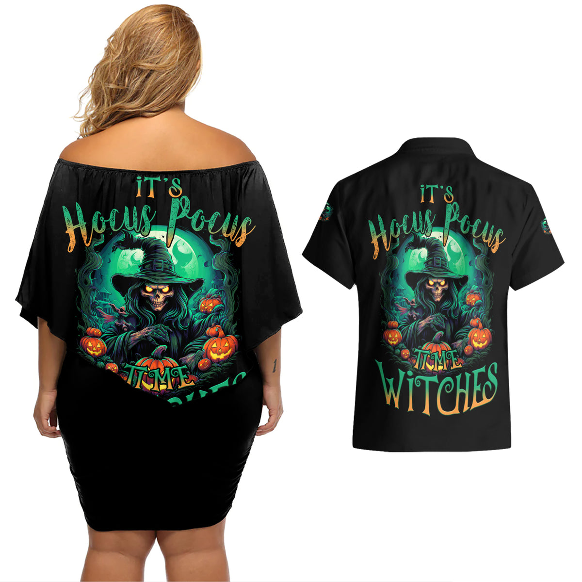 Hocus Pocus Halloween Couples Matching Off Shoulder Short Dress and Hawaiian Shirt - Wonder Print Shop