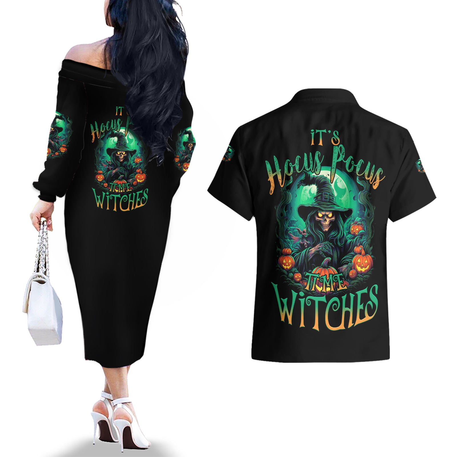 Hocus Pocus Halloween Couples Matching Off The Shoulder Long Sleeve Dress and Hawaiian Shirt - Wonder Print Shop