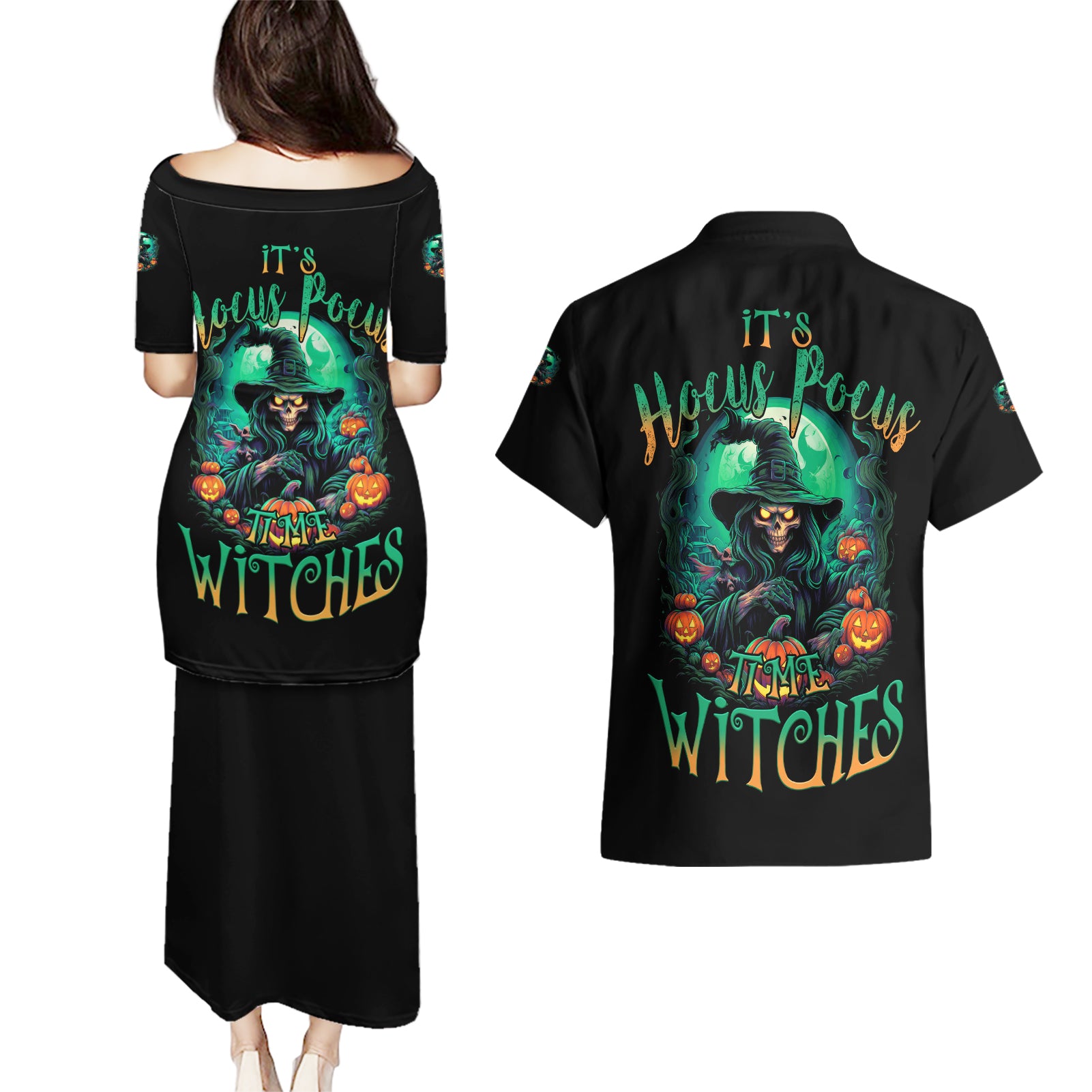 Hocus Pocus Halloween Couples Matching Puletasi Dress and Hawaiian Shirt - Wonder Print Shop