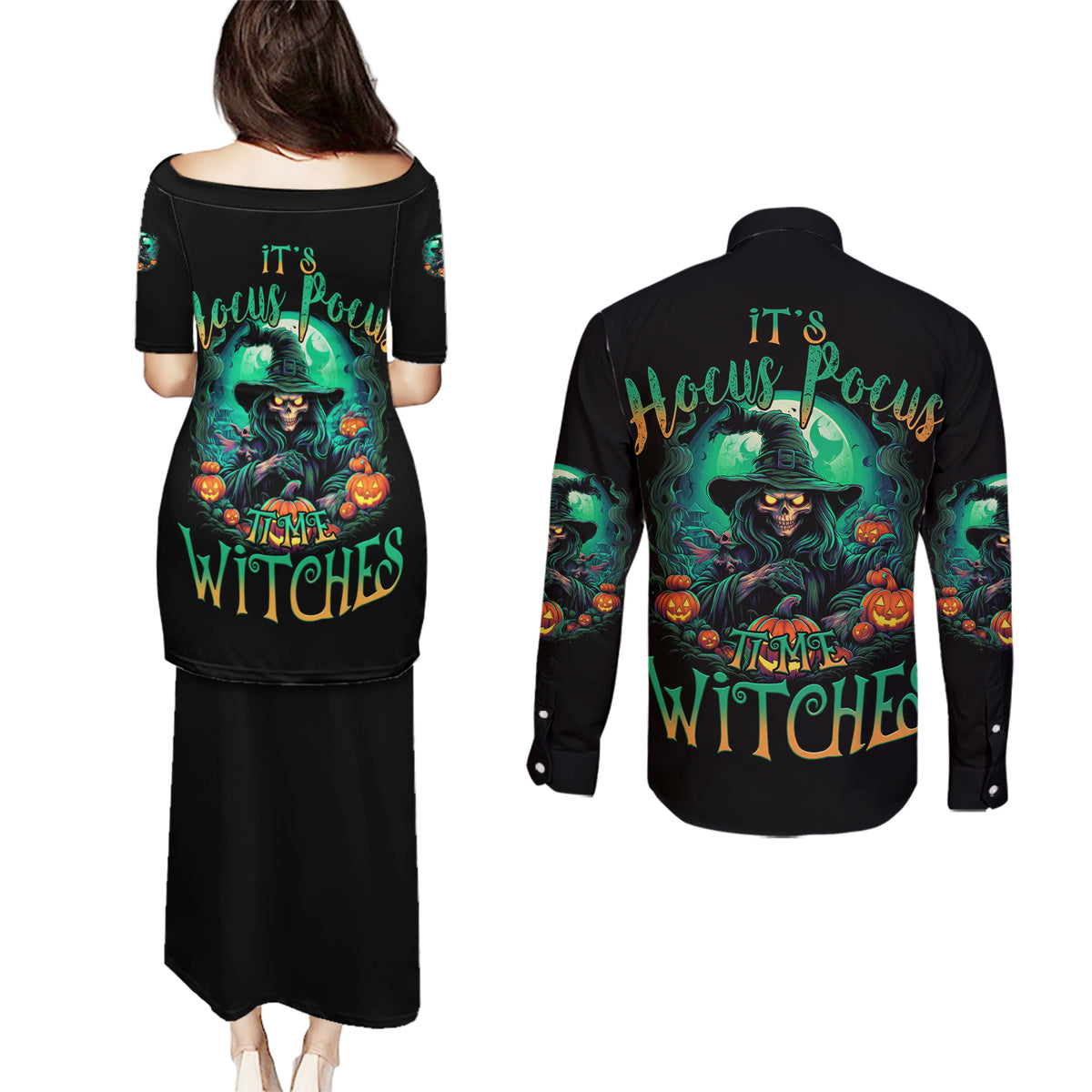 Hocus Pocus Halloween Couples Matching Puletasi Dress and Long Sleeve Button Shirt - Wonder Print Shop