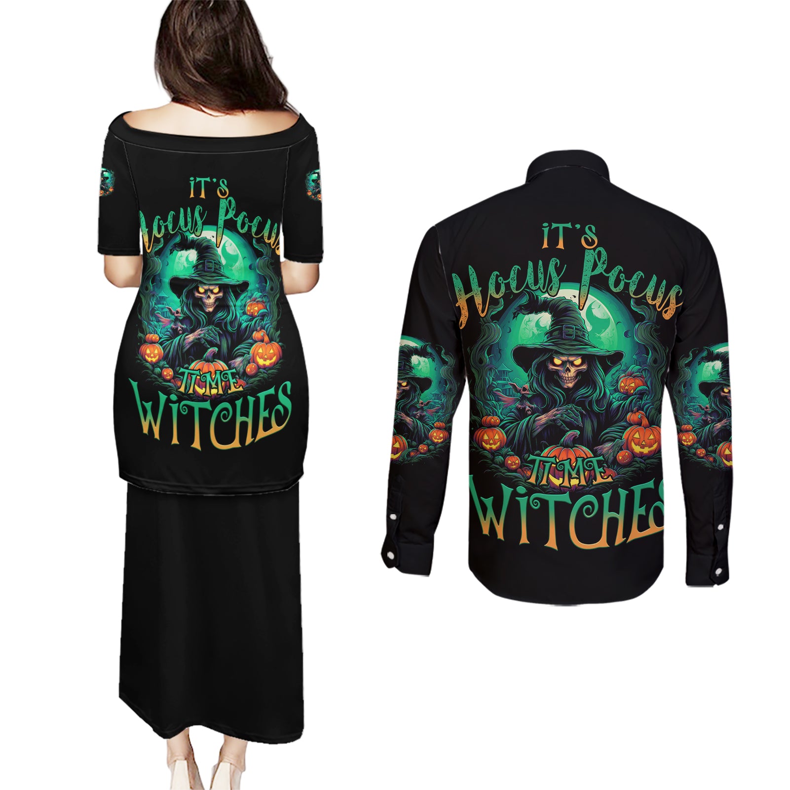 Hocus Pocus Halloween Couples Matching Puletasi Dress and Long Sleeve Button Shirt - Wonder Print Shop