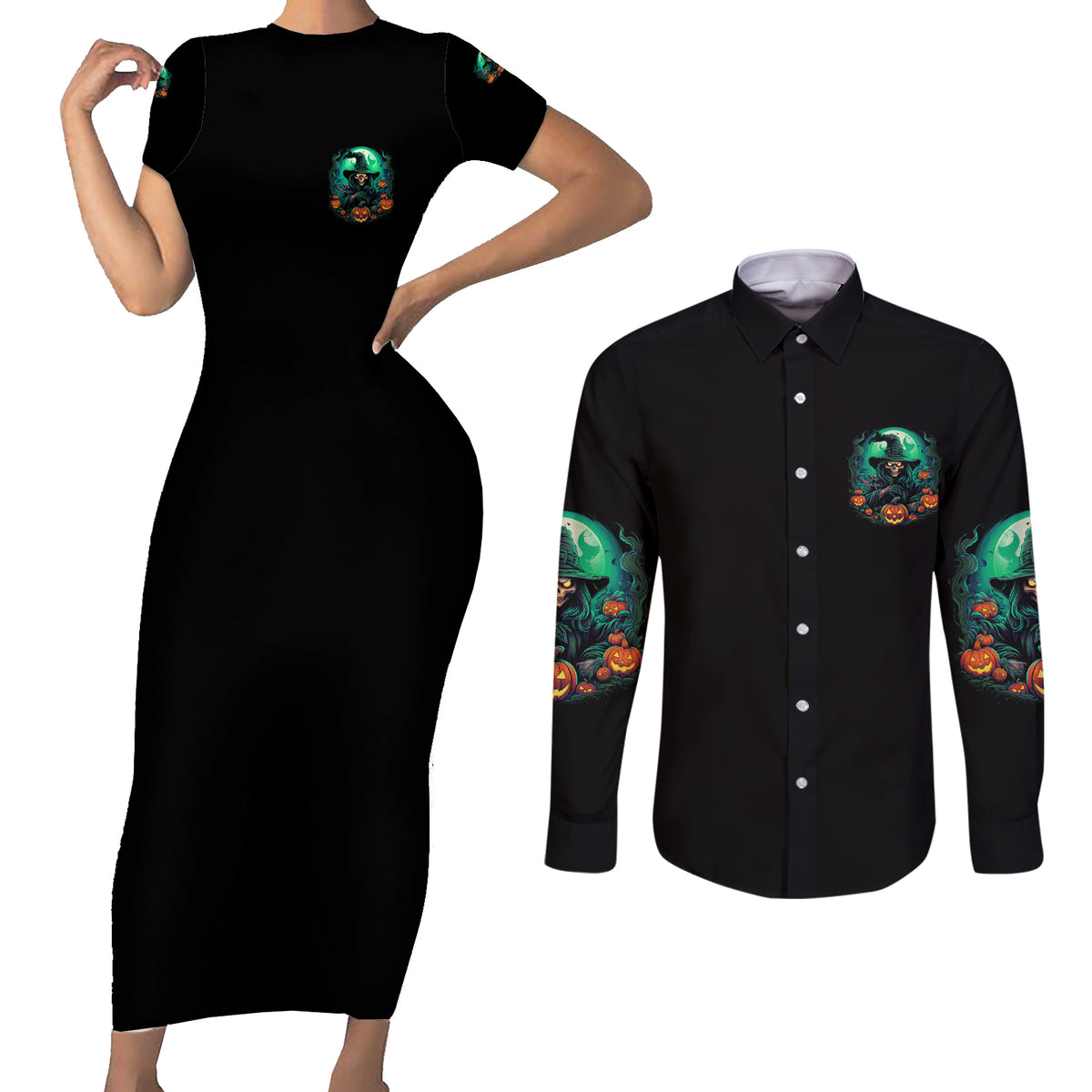 Hocus Pocus Halloween Couples Matching Short Sleeve Bodycon Dress and Long Sleeve Button Shirt - Wonder Print Shop