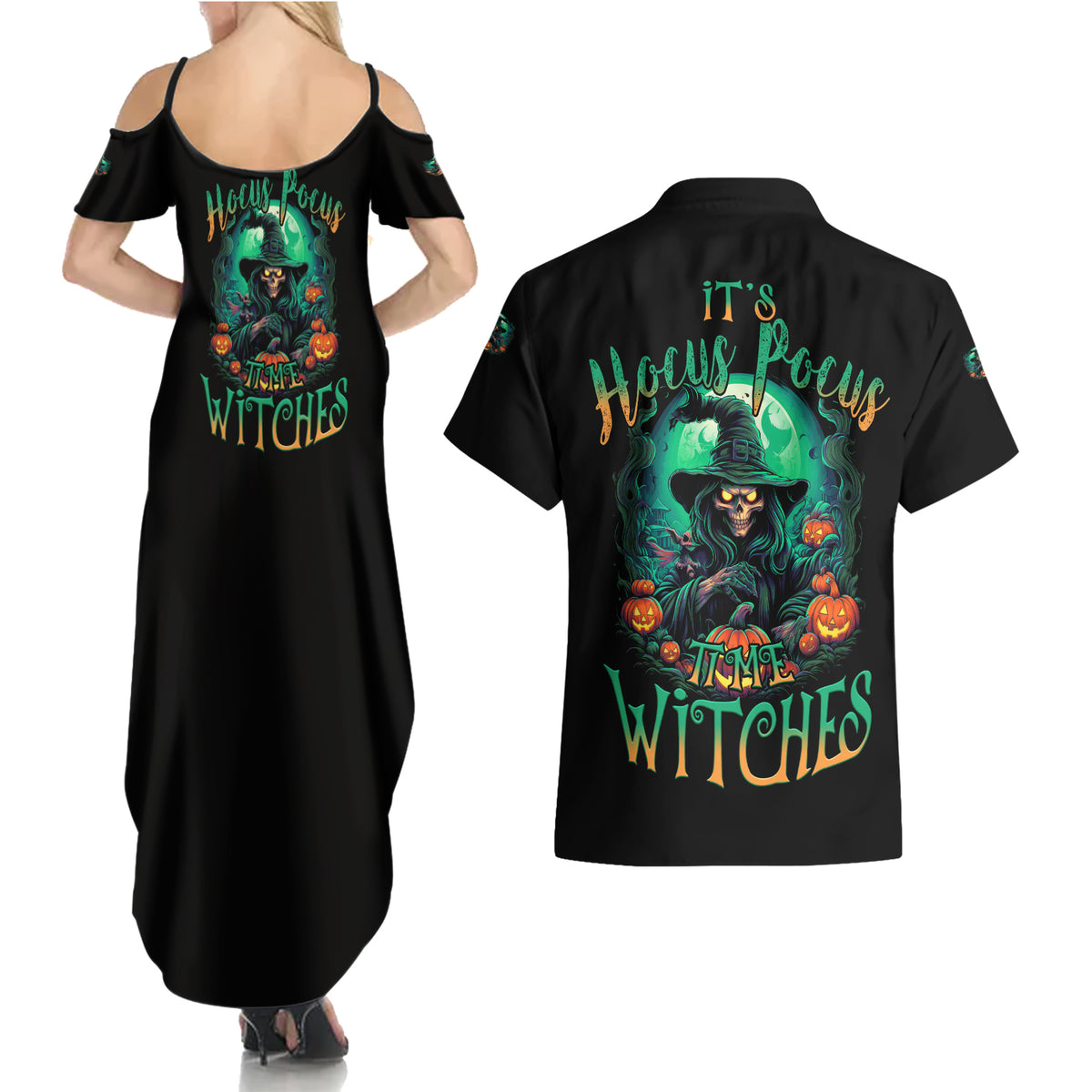 Hocus Pocus Halloween Couples Matching Summer Maxi Dress and Hawaiian Shirt - Wonder Print Shop