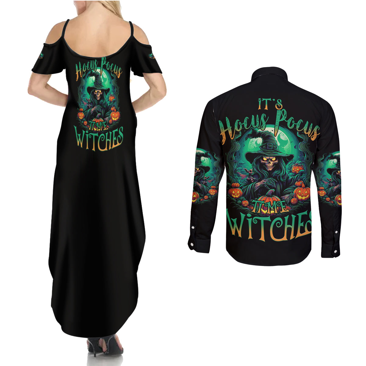 Hocus Pocus Halloween Couples Matching Summer Maxi Dress and Long Sleeve Button Shirt - Wonder Print Shop