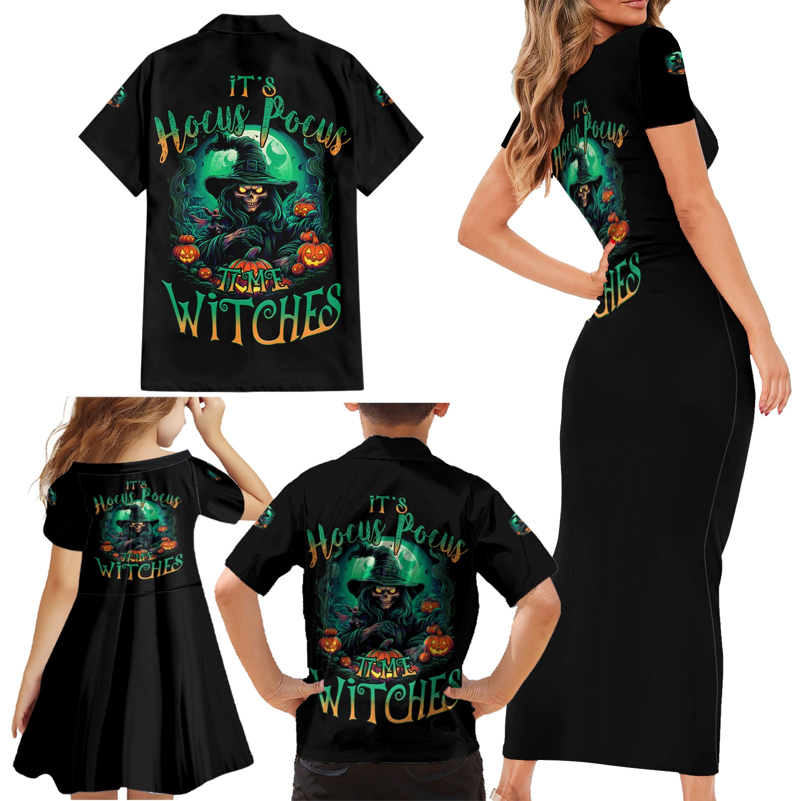 Hocus Pocus Halloween Family Matching Short Sleeve Bodycon Dress and Hawaiian Shirt - Wonder Print Shop