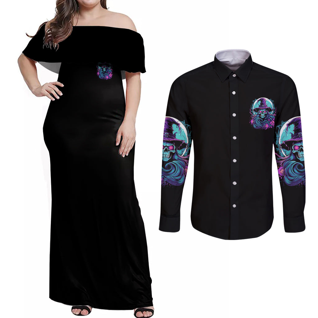 Hello Darkness My Old Friend Witch Halloween Couples Matching Off Shoulder Maxi Dress and Long Sleeve Button Shirt - Wonder Print Shop
