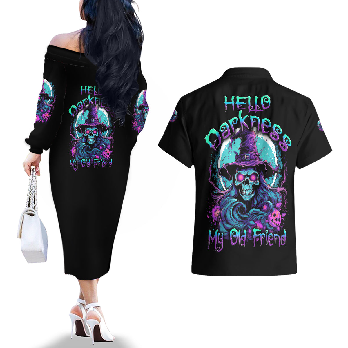 Hello Darkness My Old Friend Witch Halloween Couples Matching Off The Shoulder Long Sleeve Dress and Hawaiian Shirt - Wonder Print Shop