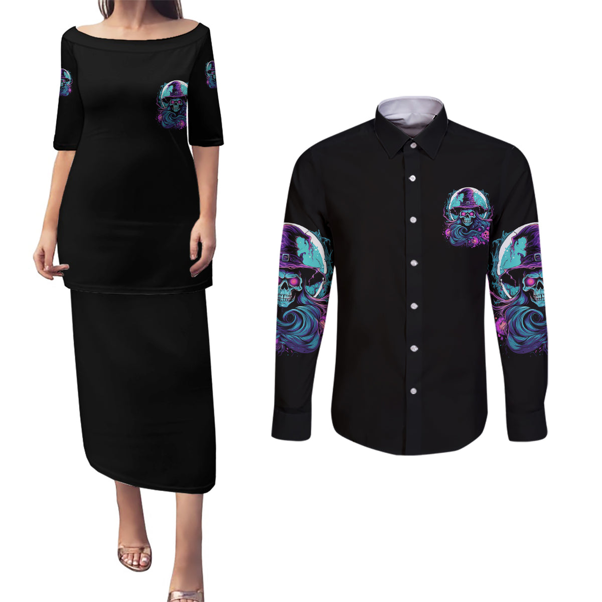 Hello Darkness My Old Friend Witch Halloween Couples Matching Puletasi Dress and Long Sleeve Button Shirt - Wonder Print Shop