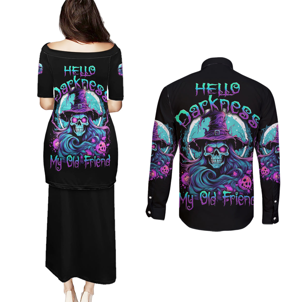Hello Darkness My Old Friend Witch Halloween Couples Matching Puletasi Dress and Long Sleeve Button Shirt - Wonder Print Shop