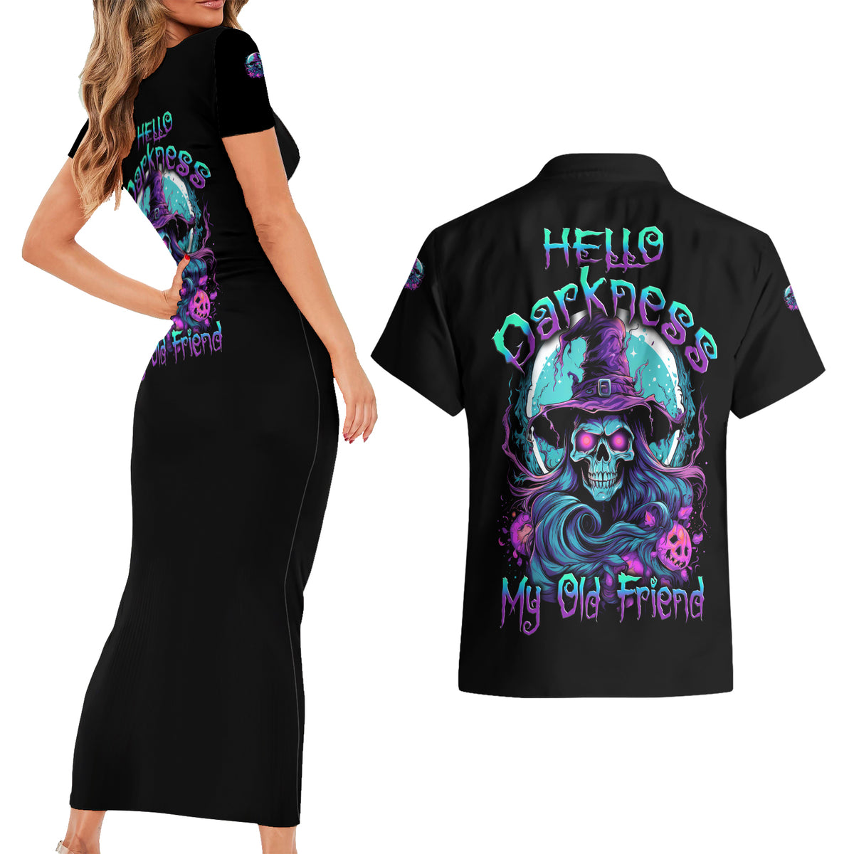 Hello Darkness My Old Friend Witch Halloween Couples Matching Short Sleeve Bodycon Dress and Hawaiian Shirt - Wonder Print Shop