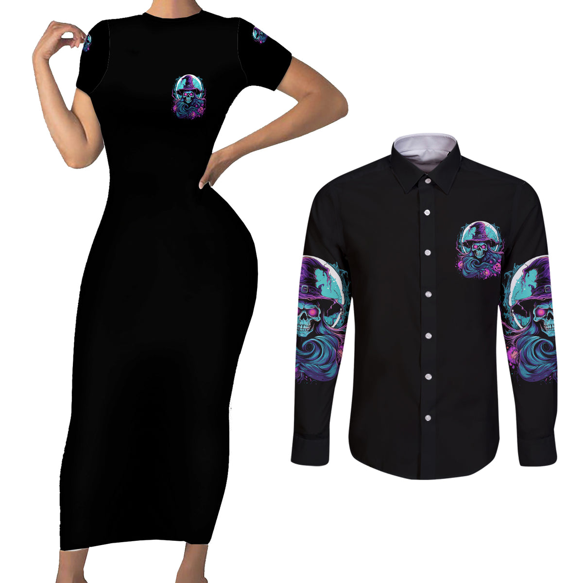 Hello Darkness My Old Friend Witch Halloween Couples Matching Short Sleeve Bodycon Dress and Long Sleeve Button Shirt - Wonder Print Shop
