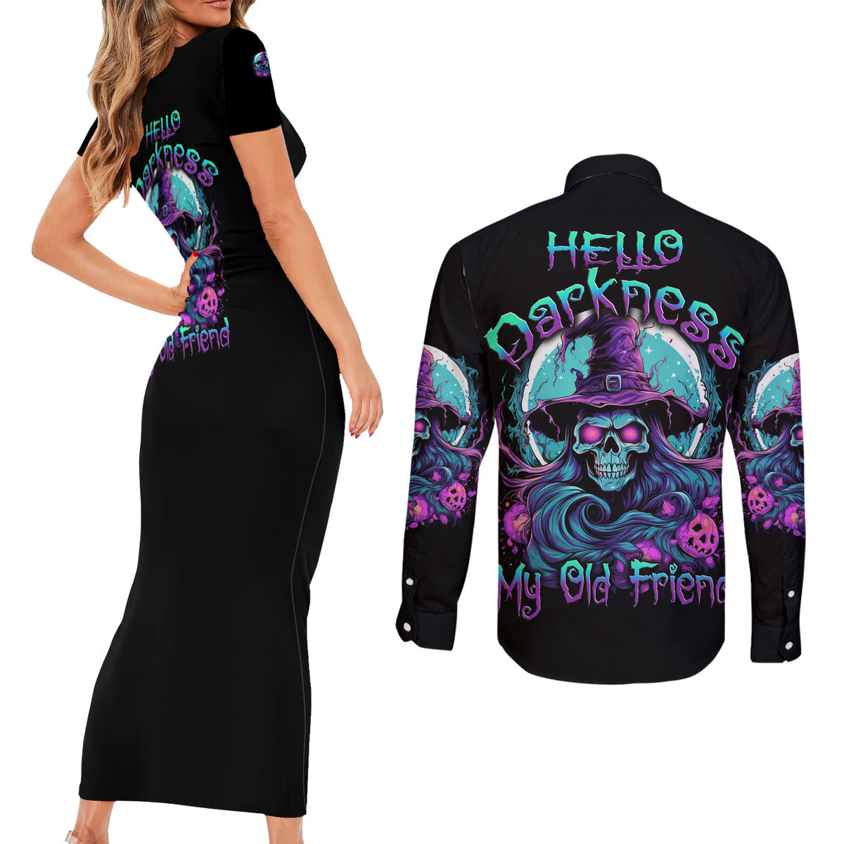 Hello Darkness My Old Friend Witch Halloween Couples Matching Short Sleeve Bodycon Dress and Long Sleeve Button Shirt - Wonder Print Shop