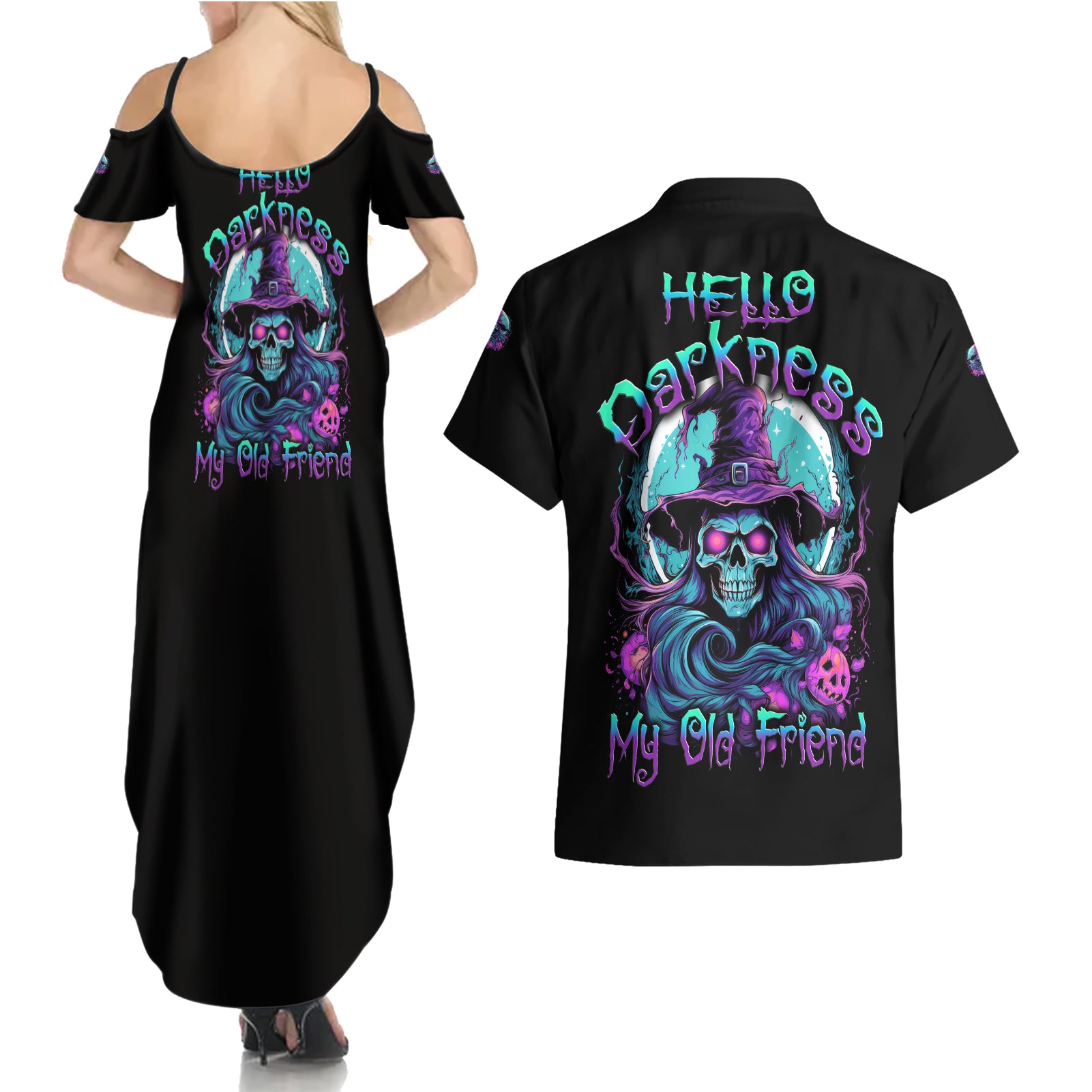 Hello Darkness My Old Friend Witch Halloween Couples Matching Summer Maxi Dress and Hawaiian Shirt - Wonder Print Shop