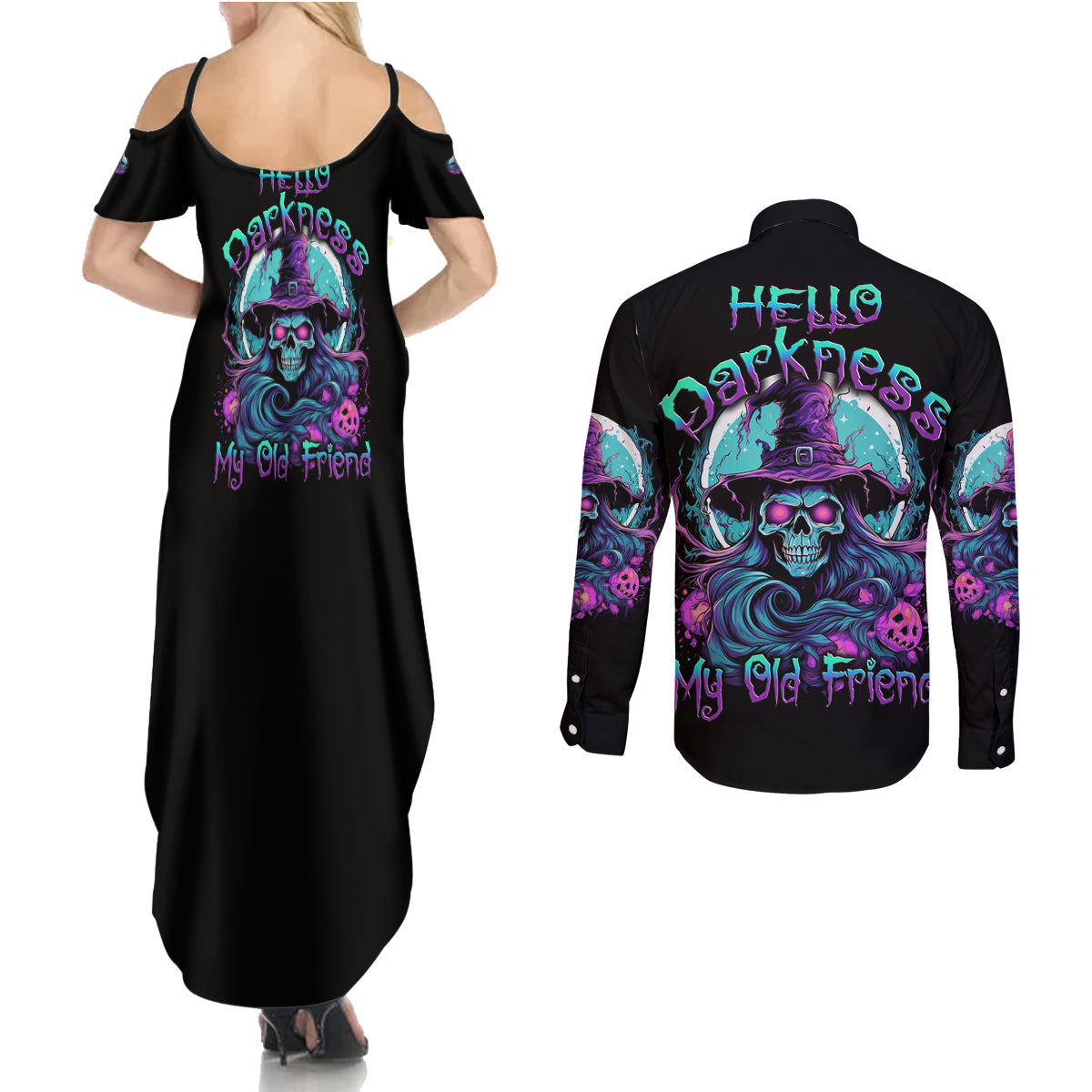 Hello Darkness My Old Friend Witch Halloween Couples Matching Summer Maxi Dress and Long Sleeve Button Shirt - Wonder Print Shop