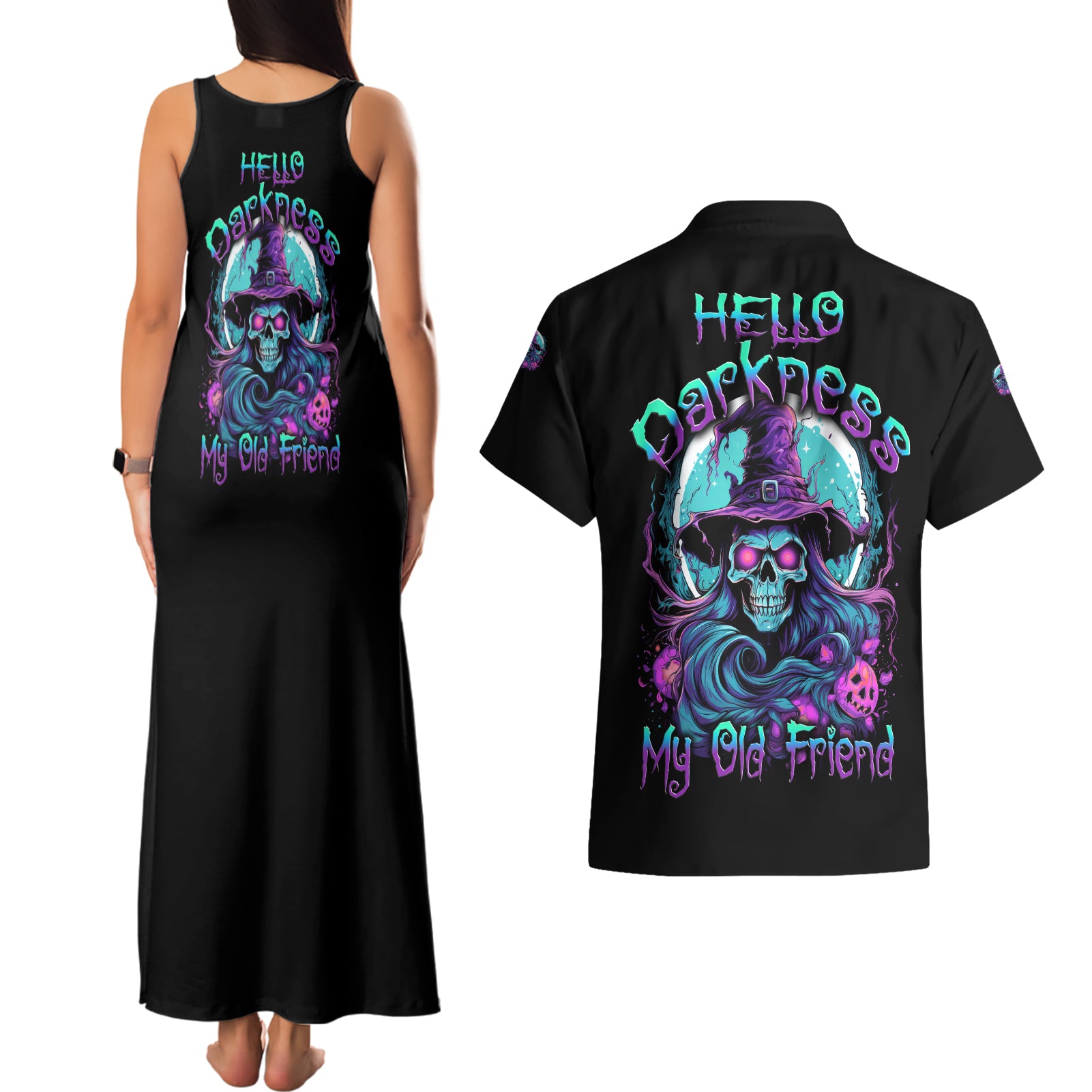 Hello Darkness My Old Friend Witch Halloween Couples Matching Tank Maxi Dress and Hawaiian Shirt - Wonder Print Shop
