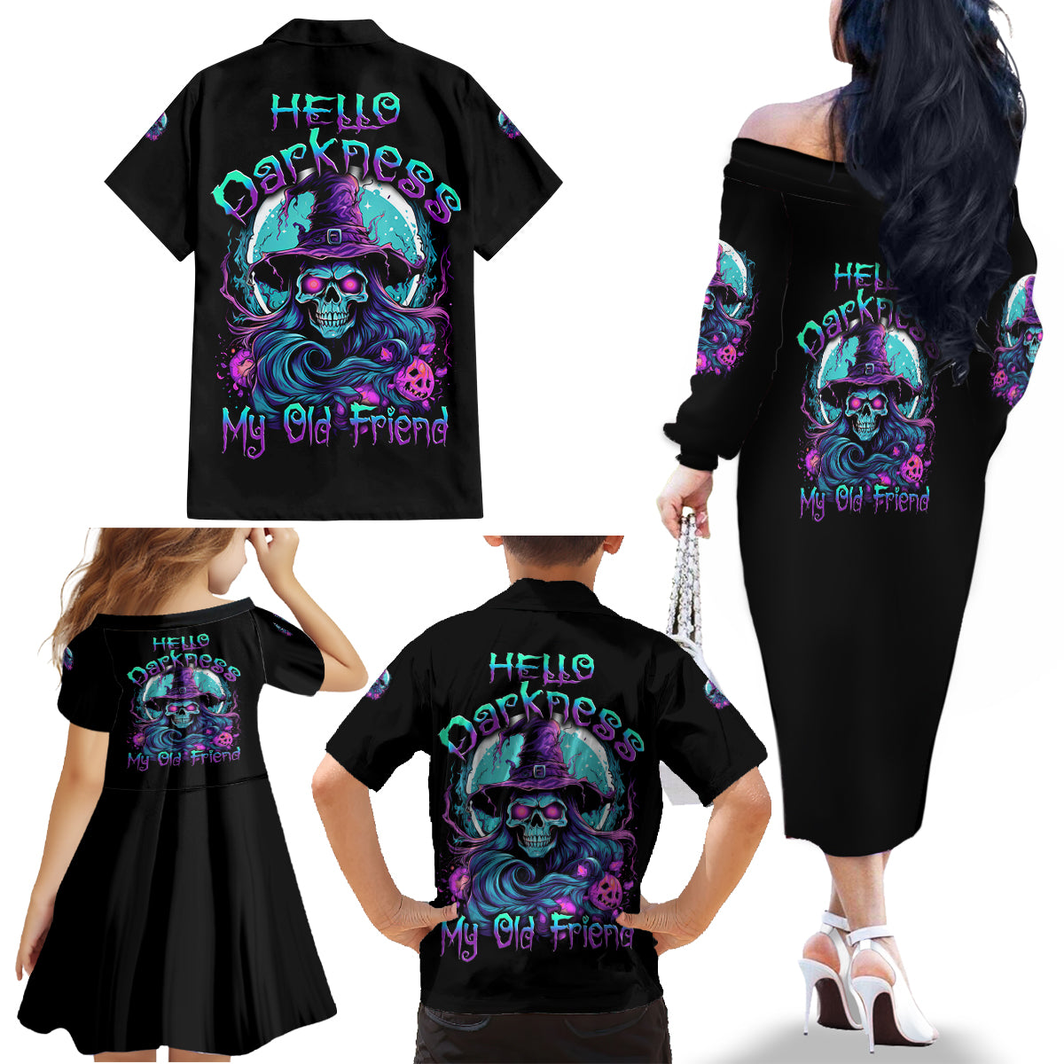 Hello Darkness My Old Friend Witch Halloween Family Matching Off Shoulder Long Sleeve Dress and Hawaiian Shirt - Wonder Print Shop