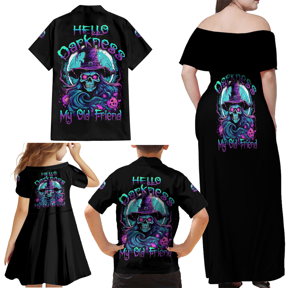 Hello Darkness My Old Friend Witch Halloween Family Matching Off Shoulder Maxi Dress and Hawaiian Shirt - Wonder Print Shop