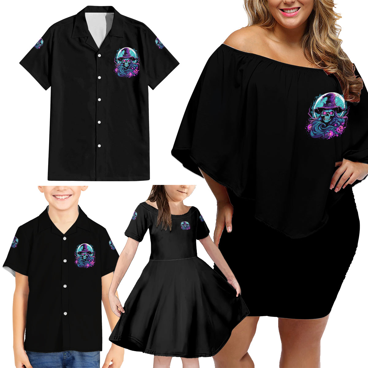 Hello Darkness My Old Friend Witch Halloween Family Matching Off Shoulder Short Dress and Hawaiian Shirt - Wonder Print Shop