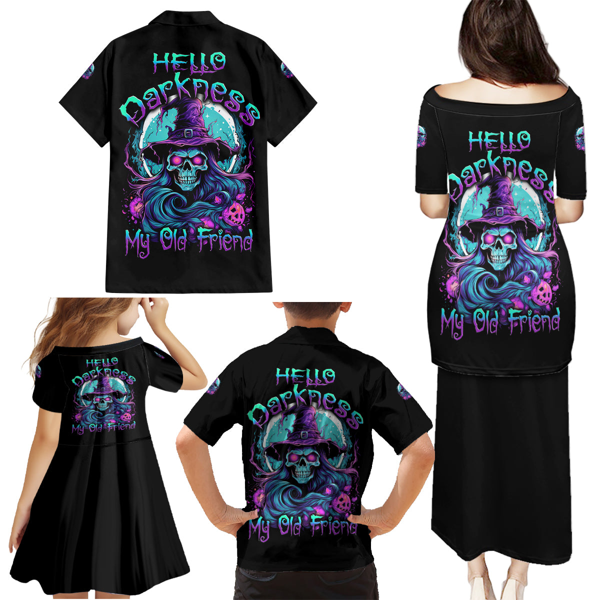 Hello Darkness My Old Friend Witch Halloween Family Matching Puletasi Dress and Hawaiian Shirt - Wonder Print Shop