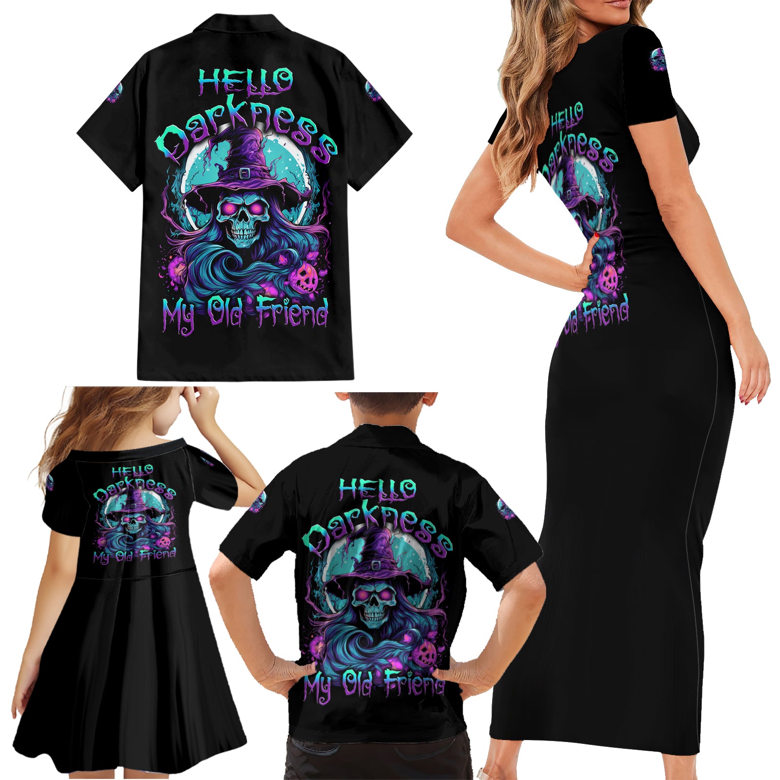 Hello Darkness My Old Friend Witch Halloween Family Matching Short Sleeve Bodycon Dress and Hawaiian Shirt - Wonder Print Shop
