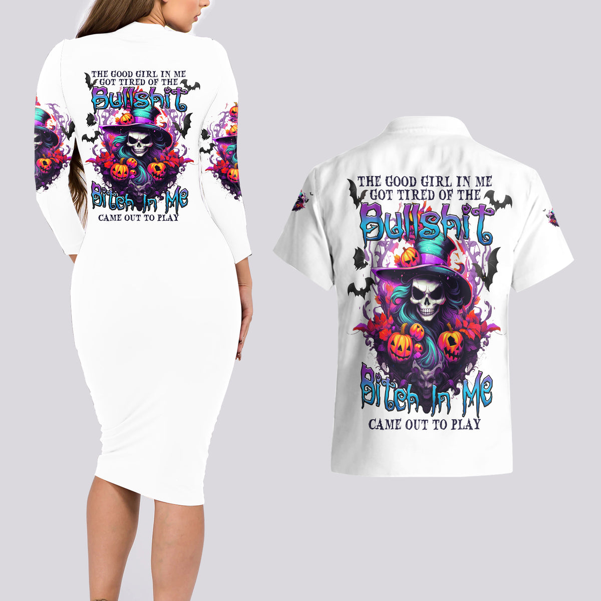 The Good Girl In Me Halloween Witch Couples Matching Long Sleeve Bodycon Dress and Hawaiian Shirt - Wonder Print Shop