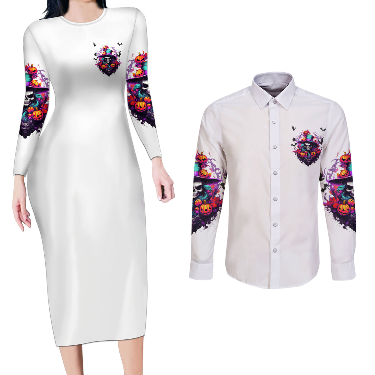 The Good Girl In Me Halloween Witch Couples Matching Long Sleeve Bodycon Dress and Long Sleeve Button Shirt - Wonder Print Shop