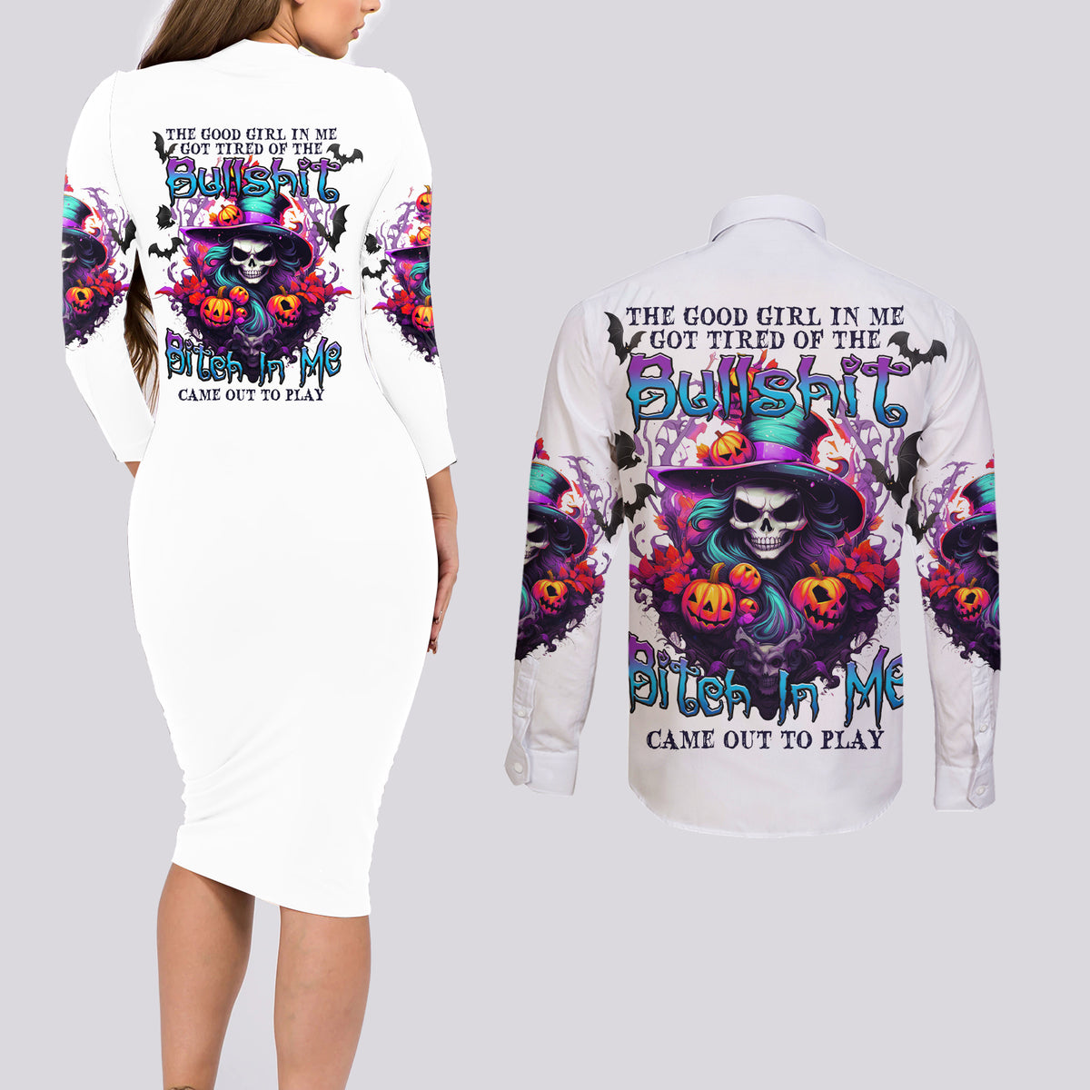 The Good Girl In Me Halloween Witch Couples Matching Long Sleeve Bodycon Dress and Long Sleeve Button Shirt - Wonder Print Shop