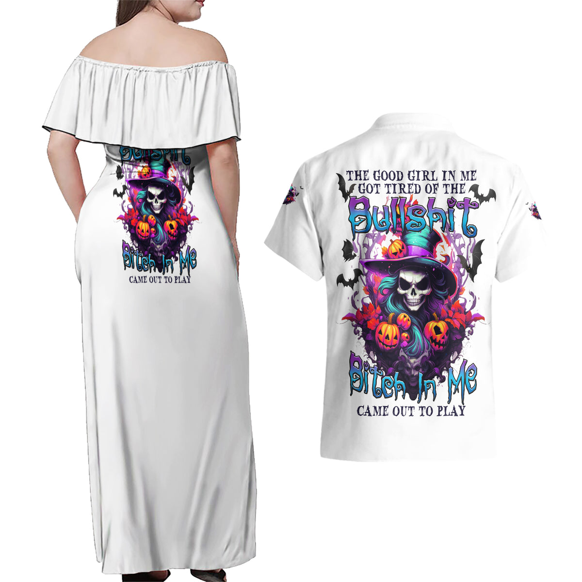 The Good Girl In Me Halloween Witch Couples Matching Off Shoulder Maxi Dress and Hawaiian Shirt - Wonder Print Shop
