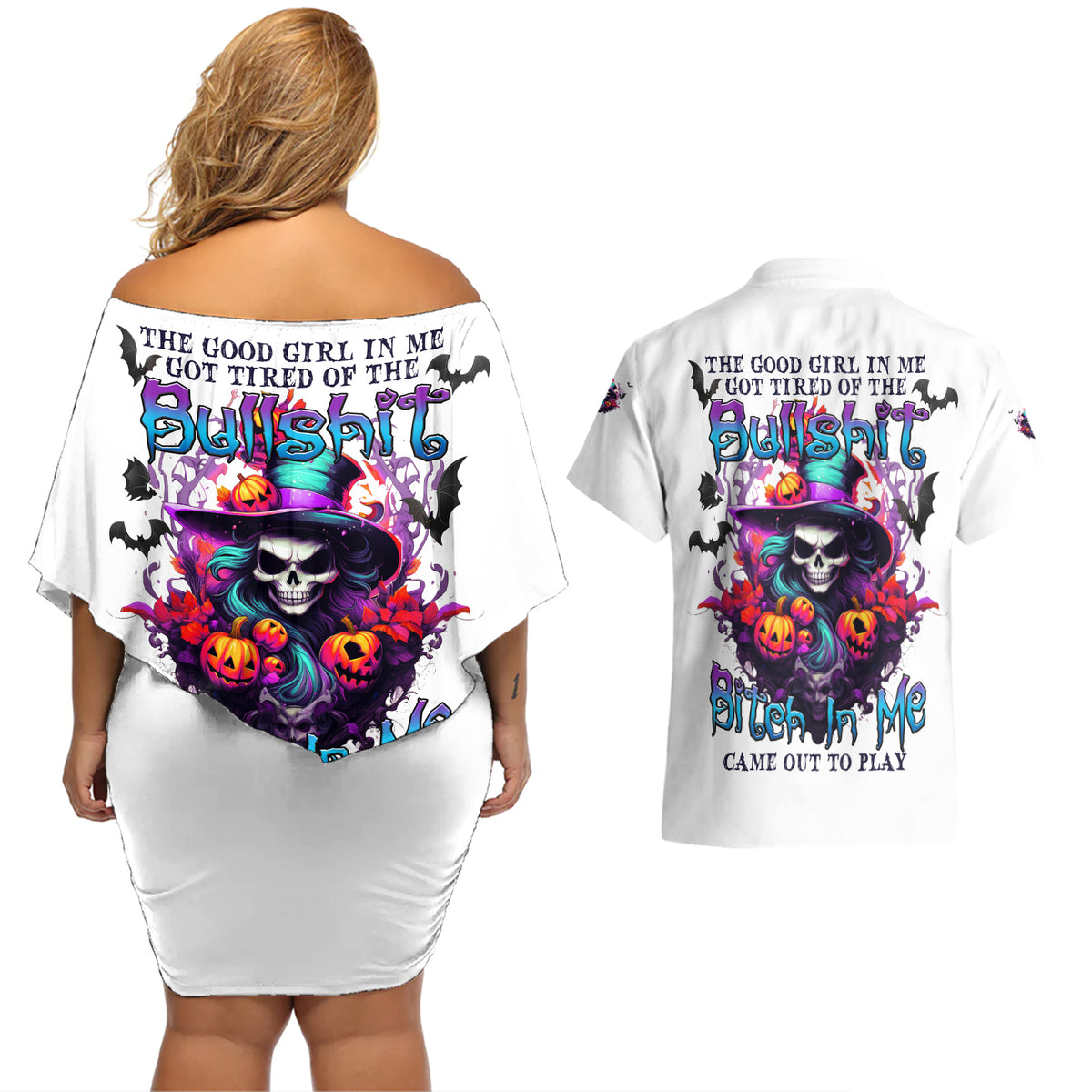 The Good Girl In Me Halloween Witch Couples Matching Off Shoulder Short Dress and Hawaiian Shirt - Wonder Print Shop
