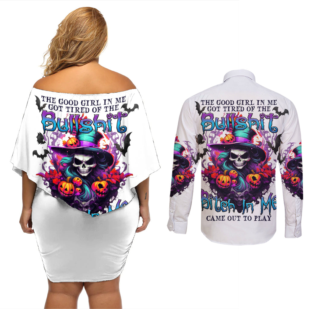 The Good Girl In Me Halloween Witch Couples Matching Off Shoulder Short Dress and Long Sleeve Button Shirt - Wonder Print Shop