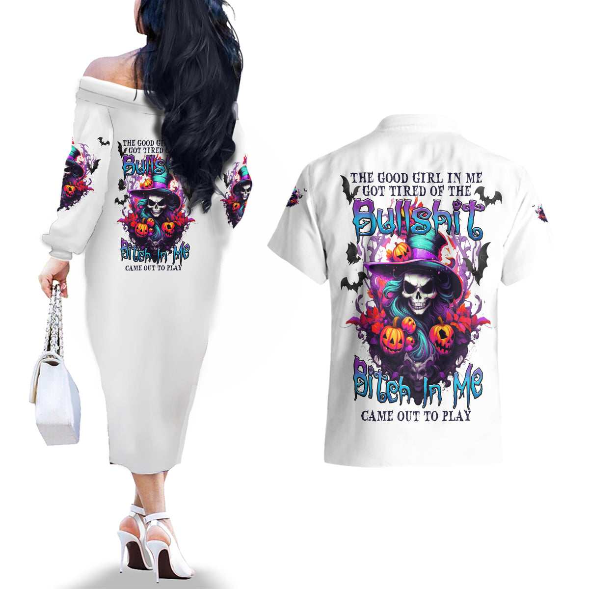 The Good Girl In Me Halloween Witch Couples Matching Off The Shoulder Long Sleeve Dress and Hawaiian Shirt - Wonder Print Shop