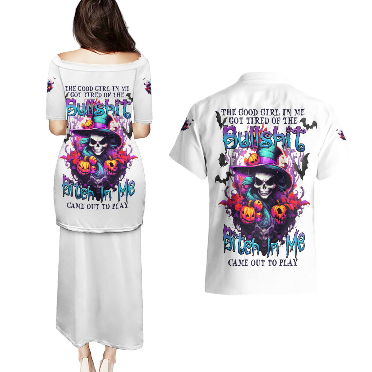 The Good Girl In Me Halloween Witch Couples Matching Puletasi Dress and Hawaiian Shirt - Wonder Print Shop