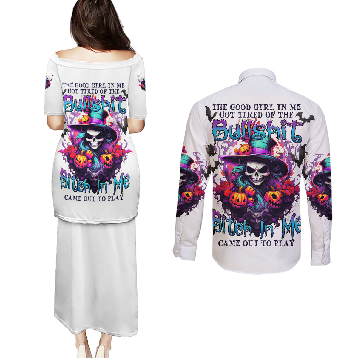The Good Girl In Me Halloween Witch Couples Matching Puletasi Dress and Long Sleeve Button Shirt - Wonder Print Shop