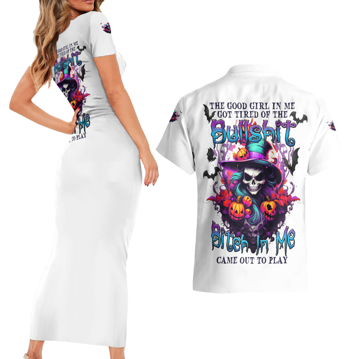 The Good Girl In Me Halloween Witch Couples Matching Short Sleeve Bodycon Dress and Hawaiian Shirt - Wonder Print Shop