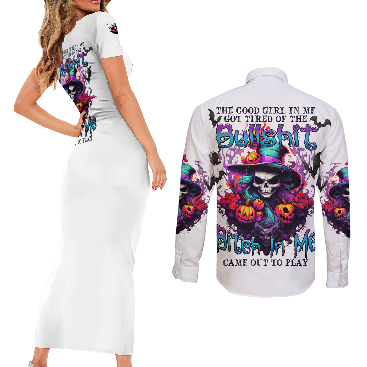The Good Girl In Me Halloween Witch Couples Matching Short Sleeve Bodycon Dress and Long Sleeve Button Shirt - Wonder Print Shop