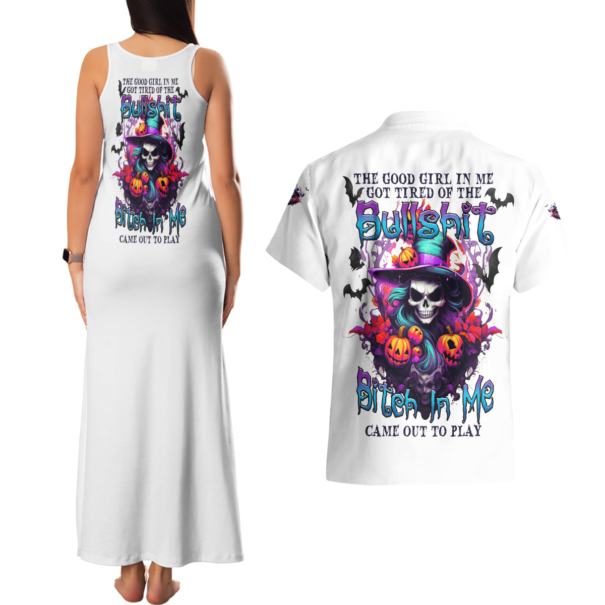 The Good Girl In Me Halloween Witch Couples Matching Tank Maxi Dress and Hawaiian Shirt - Wonder Print Shop