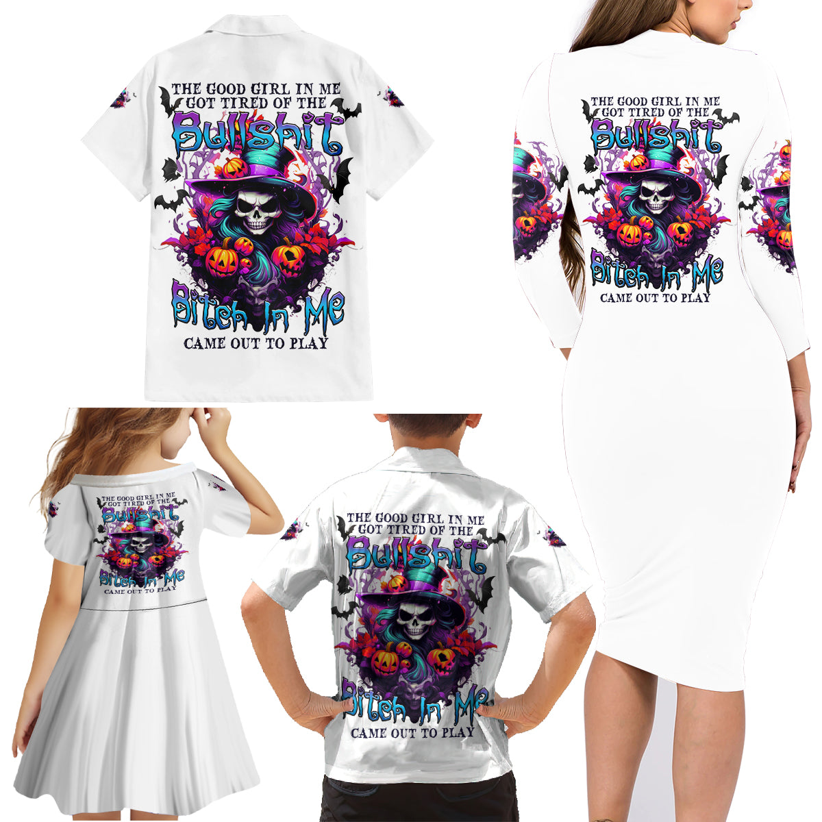 The Good Girl In Me Halloween Witch Family Matching Long Sleeve Bodycon Dress and Hawaiian Shirt - Wonder Print Shop