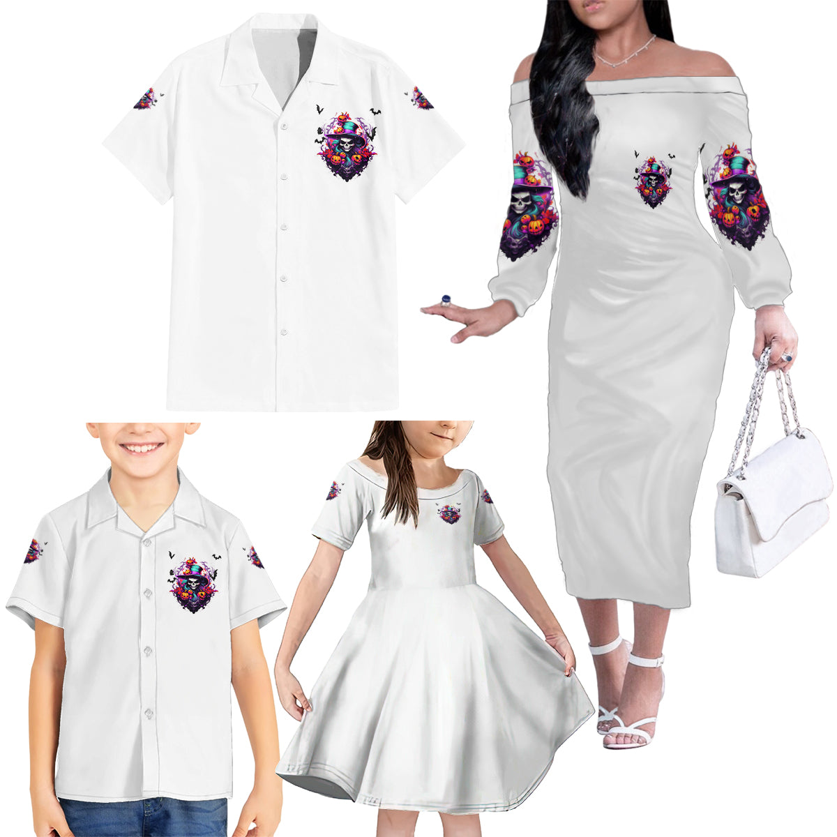 The Good Girl In Me Halloween Witch Family Matching Off Shoulder Long Sleeve Dress and Hawaiian Shirt - Wonder Print Shop