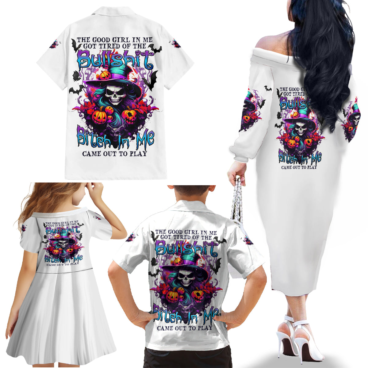 The Good Girl In Me Halloween Witch Family Matching Off Shoulder Long Sleeve Dress and Hawaiian Shirt - Wonder Print Shop