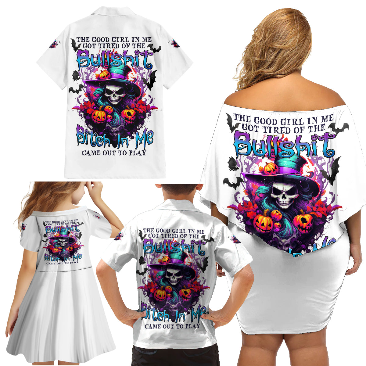 The Good Girl In Me Halloween Witch Family Matching Off Shoulder Short Dress and Hawaiian Shirt - Wonder Print Shop