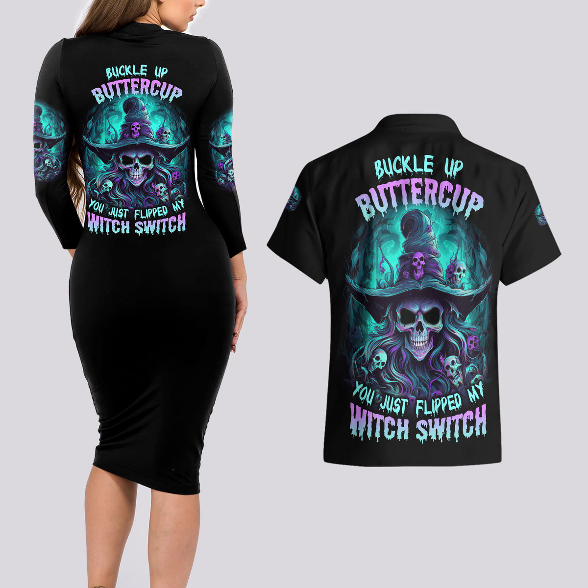 Buckle Up Buttercup Skull Witch Halloween Couples Matching Long Sleeve Bodycon Dress and Hawaiian Shirt - Wonder Print Shop