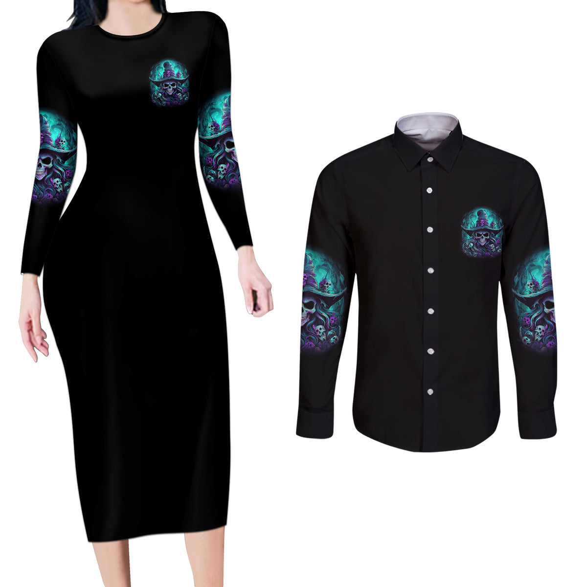Buckle Up Buttercup Skull Witch Halloween Couples Matching Long Sleeve Bodycon Dress and Long Sleeve Button Shirt - Wonder Print Shop