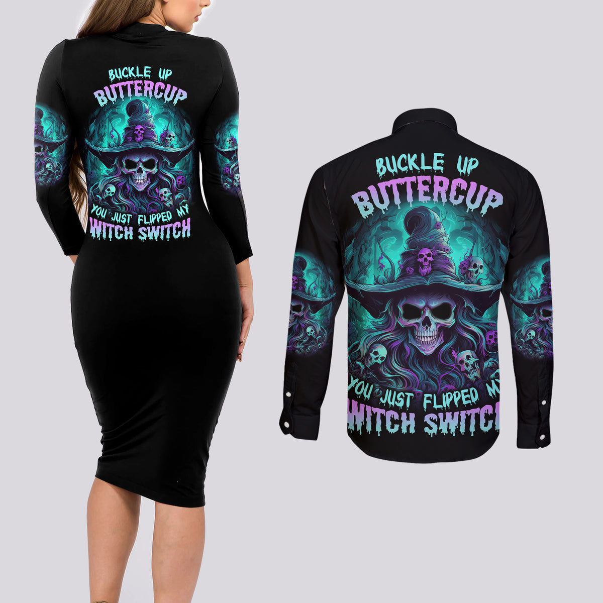 Buckle Up Buttercup Skull Witch Halloween Couples Matching Long Sleeve Bodycon Dress and Long Sleeve Button Shirt - Wonder Print Shop