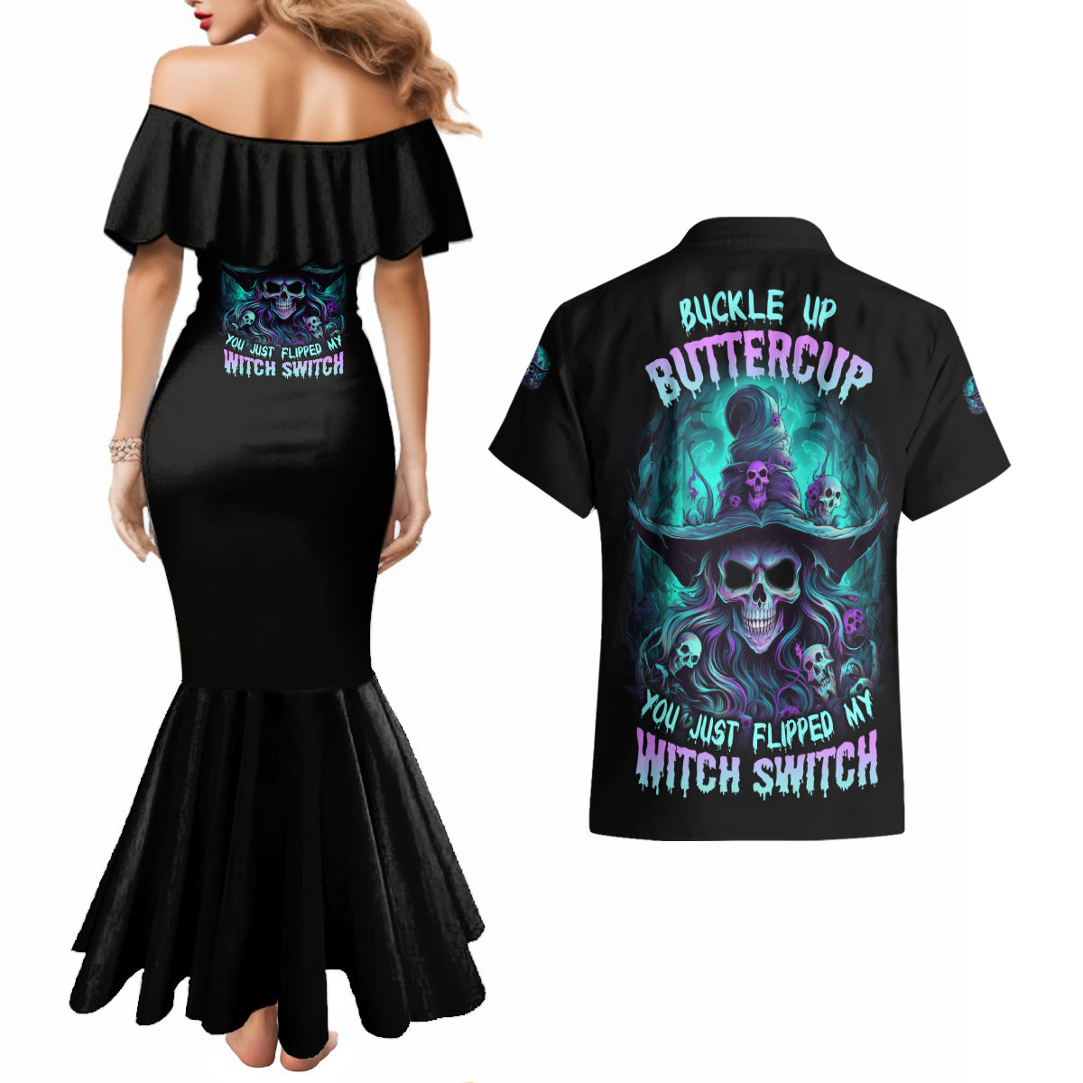Buckle Up Buttercup Skull Witch Halloween Couples Matching Mermaid Dress and Hawaiian Shirt - Wonder Print Shop