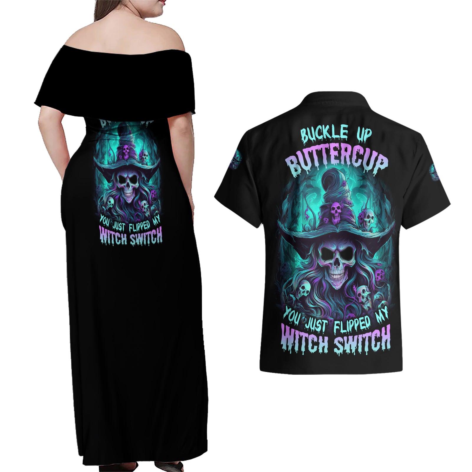 Buckle Up Buttercup Skull Witch Halloween Couples Matching Off Shoulder Maxi Dress and Hawaiian Shirt - Wonder Print Shop