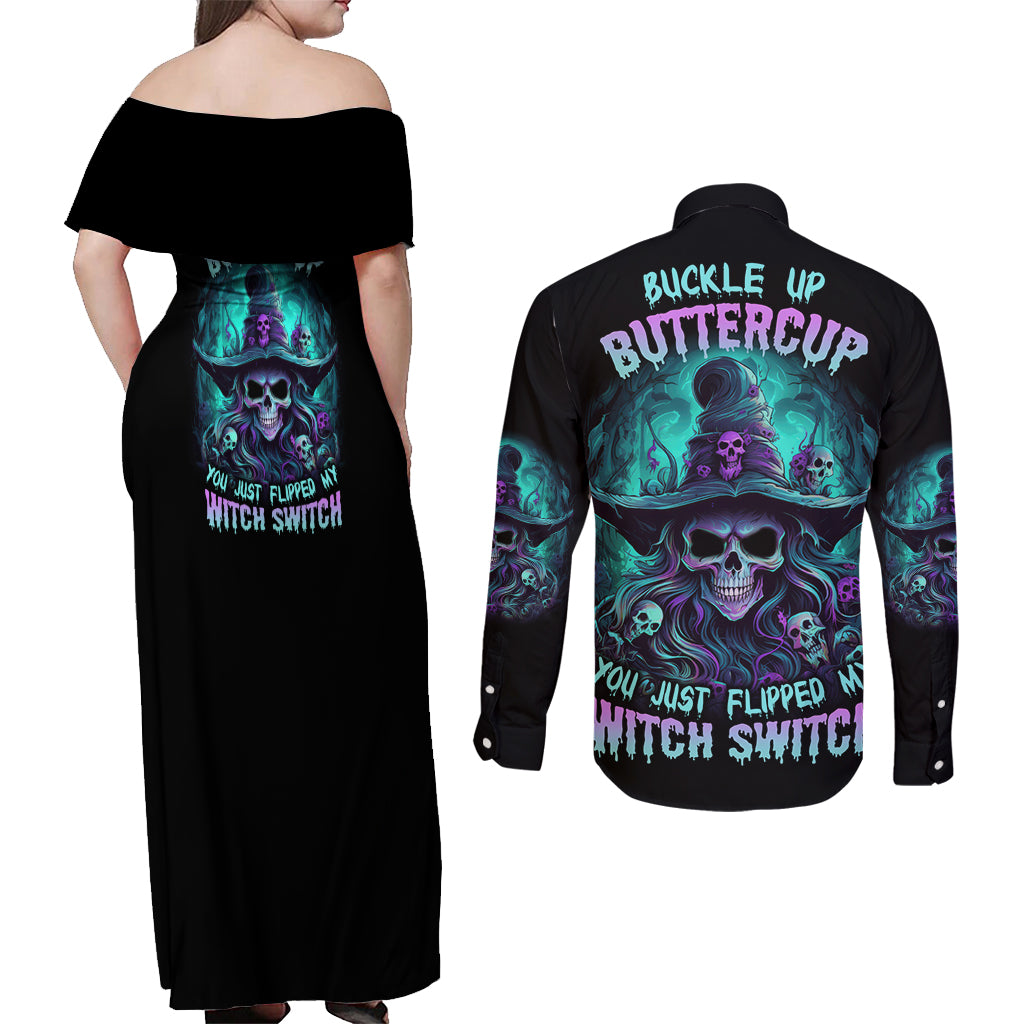 Buckle Up Buttercup Skull Witch Halloween Couples Matching Off Shoulder Maxi Dress and Long Sleeve Button Shirt - Wonder Print Shop