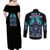 Buckle Up Buttercup Skull Witch Halloween Couples Matching Off Shoulder Maxi Dress and Long Sleeve Button Shirt - Wonder Print Shop