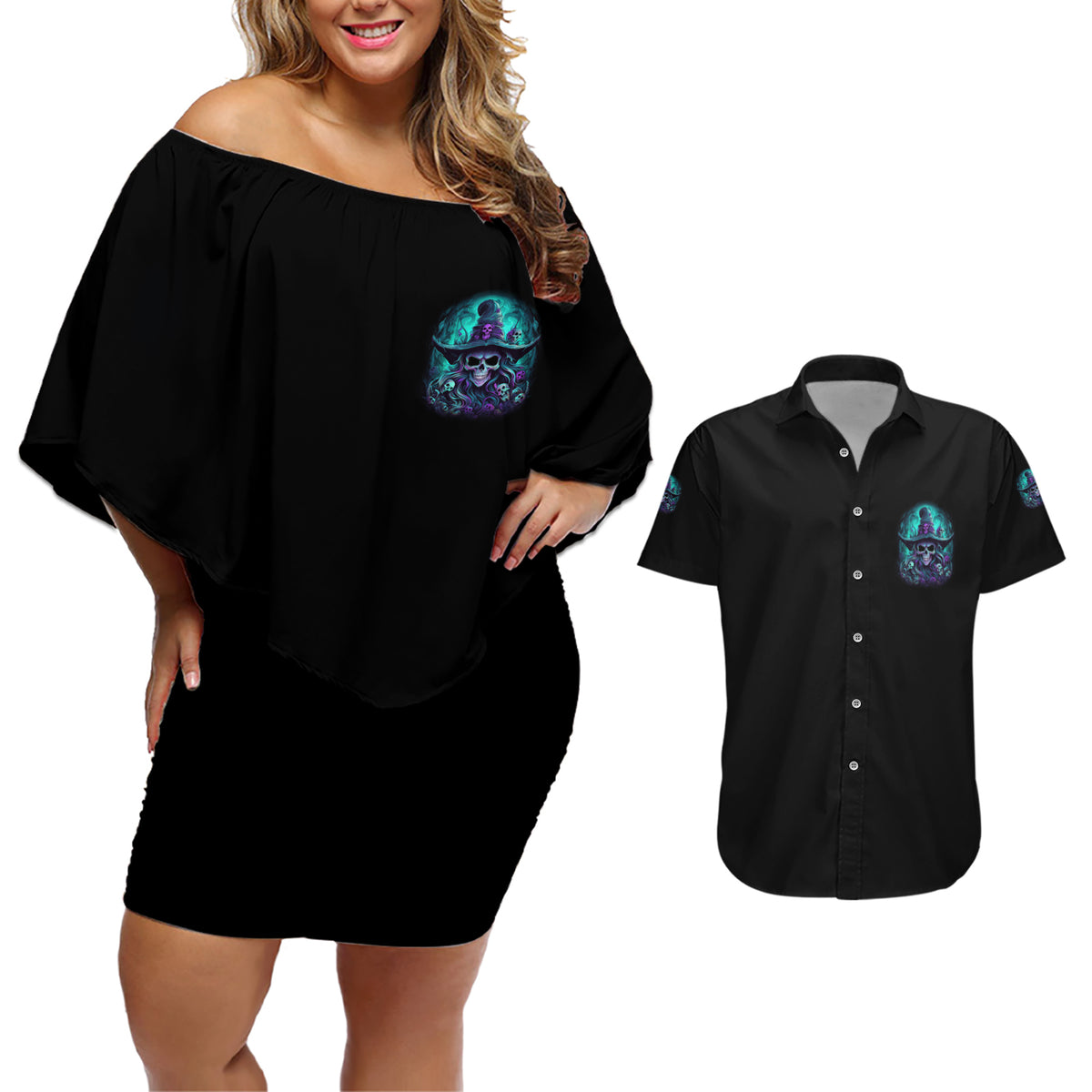 Buckle Up Buttercup Skull Witch Halloween Couples Matching Off Shoulder Short Dress and Hawaiian Shirt - Wonder Print Shop