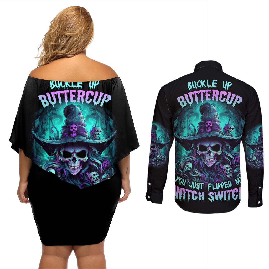 Buckle Up Buttercup Skull Witch Halloween Couples Matching Off Shoulder Short Dress and Long Sleeve Button Shirt - Wonder Print Shop